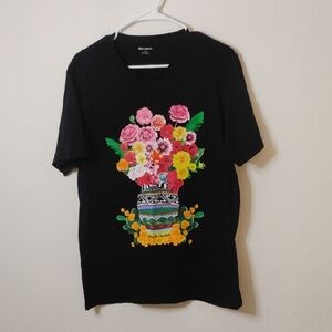 Old Navy Black T-Shirt with Vibrant Floral Design